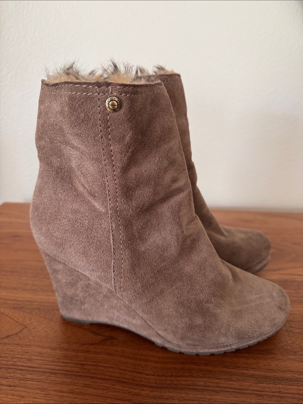 Calvin Klein Jeans Taupe Suede Wedge Ankle Boots with Faux Fur Trim